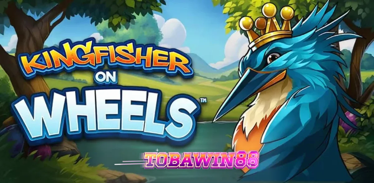 Pemandangan visual slot Kingfisher on Wheels dengan latar belakang sungai dan burung raja udang bermahkota
